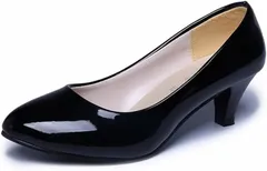 goodspoon パンプス レディース 靴 歩きやすい エナメル ミッドヒール オフィス 痛くない 疲れない リクルート フォーマル 幅広 ラウンドトゥ プレーン 柔らかい ストレッチ 軽量 PUレザー 美脚( ブラック,  23.5 cm)