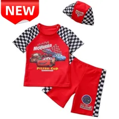 ✨新品✨ カーズ 子供水着 マックイーン 男の子 ピストンカップ 3点セット 水着 キャップ付き キッズ 幼稚園 保育園 小学生 レーシング チェッカーフラッグ 夏休み プール 海水浴 新品未使用 UVカット 100 110 120 130 ディズニー