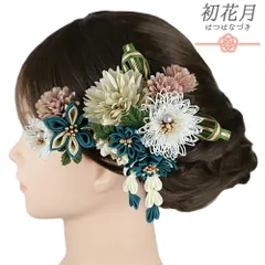 髪飾り 成人式 振袖 2点セット 青緑　ターコイズブルー ピンク ベージュ 白 緑 ゴールド つまみ細工 剣つまみ 組紐 さがり 水引 No.9-5409