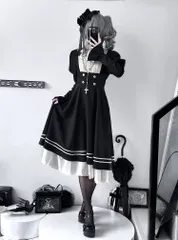 黒　きれいめ　ロリィタ　ロリータ　ゴスロリ　ワンピース　レース　シスター　スカート　コスプレ　メイド　黒　幼女　襟付き　リボン　サブカル　服　長袖　地雷系　渋谷　原宿　病みかわいい　夢かわいい　推し活　トップス　長袖
