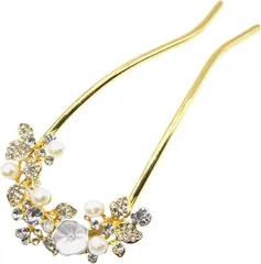 Miaomyao ミャオミャオ 簪 かんざし バチ型 髪飾り 和装 留袖 着物 浴衣 金属 アンティーク フラワー 一輪花 パール ジルコニア U字 コーム ヘアアクセサリー ゴールド(Gold,  小さめ)