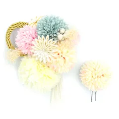 髪飾り 成人式 つまみ細工 振袖 前撮り 袴 2点セット 花 菊 ちりめん 白 ピンク 紫 水色 ゴールド 組紐 房 房 パール ビーズ No.12-0659