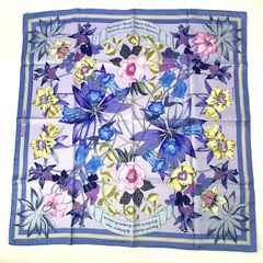 新品同様 HERMES エルメス カレ90 シルク スカーフ ヘラスの花 花柄 植物 ブルー