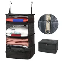 『軽量化 YKKファスナー採用』 クローゼット吊り下げ収納 インナーバッグ トラベルポーチ 吊り下げポーチ YKK 圧縮 旅行 出張 旅行ポーチ パッキング (ブラック, L) [ブラック] [L]