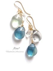 水晶（染め）レインドロップ＆ブルーオパール（染め）のピアス 14kgf 
