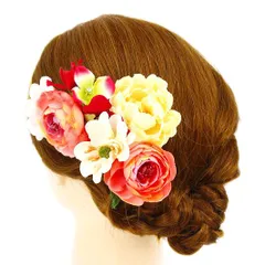 髪飾り 成人式 赤 振袖 前撮り 袴 花 浴衣 夏祭り 花火大会 豪華3点セット 白 サーモンピンク 椿 薔薇 ヘアアクセ かんざし 新 No.9-3265