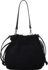 Lapimou ボアバッグ ファーバッグ 巾着バッグ ふわふわ もこもこ ハンドバッグ ポシェット 巾着ポーチ フェイクファー レディース 小さめ 大容量 おしゃれ かわいい カジュアル トレンド 秋 冬(ブラック)