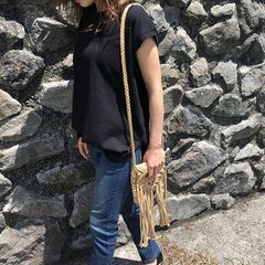 レディース Tシャツ フレンチスリーブ サイドスリット カットソー 丸首 厚手 ブラック トップス ロング丈 体系カバー