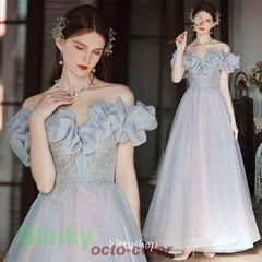 イブニングドレス オフショルダー 発表会ドレス ロングドレス パーティードレス グレー Aラインドレス 結婚式ドレス 二次会ドレス お呼ばれ