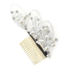 髪飾り コーム型 ラインストーン パール シルバー 白 キラキラ ラメ リーフ 葉 小さい かんざし かわいい 粋 日本製 おしゃれ No.9-3506