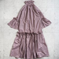 GWお買い逃し割引クーポン21時〜♪極美品【PERNA ペルナ】スタンドカラー フリル袖ワンピース Lサイズ スモークピンク ロングワンピース 長袖