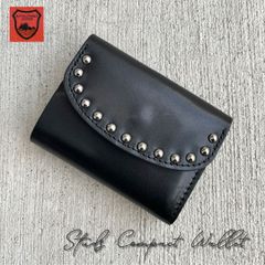 栃木レザー財布 コンパクト財布 二つ折り財布 スタッズ財布 新品 ブラック 栃木レザー スタッズウォレット コンパクト財布 二つ折り財布