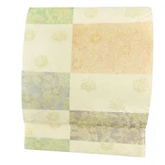山口美術織物 袋帯 正絹 桜 唐織 吉永小百合 クリーム色 金糸 市松 花 菊 桐 仕立て上がり 礼装用 フォーマル 結婚式 お洒落 No.6-1896