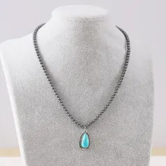 ターコイズブラックビーズネックレスウォータードロップペンダントエスニック114