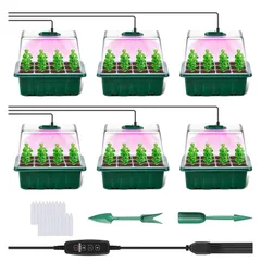 【特価商品】育苗ボックス 発芽育苗セット 種子トレイ 発芽育苗器 苗箱 透明カバー ライト 高さ16cm 移植ツール2個 トレー 植物ラベル20枚付き 種まきポット 種まきハウス 育苗箱 湿度・温度管理 植物育成ライト付き 通気性 72穴 耐久性 6個セット