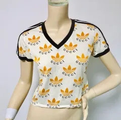 新品同様 GUCCI★グッチ×adidas★アディダス・コラボ レディース トレフォイル ブランドロゴプリント クロップド丈 コットン Tシャツ (S相当) イタリア製 トップス カットソー 半袖 イエロー ベージュ