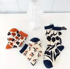 【3足セット/ レディース 靴下 】花柄 レトロ ソックス 北欧風