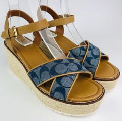 新品未使用★COACH・コーチ レディース レザー切替し シグネチャー柄 ジュートコンビ ウェッジソール サンダル 厚底（8B）