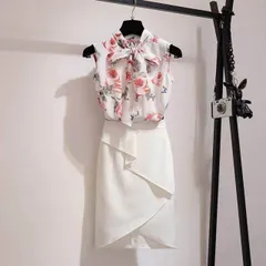 きれいめ 大人 2点セット トップス スカート シャツ ブラウス ペンシルスカート タイトスカート 袖なし ノースリーブ ボウタイ タイト チュール シフォン フリル リボン 上下セット ツーピース かわいい 大人可愛い 上品 おしゃれ アジアン 大人女子 ラ