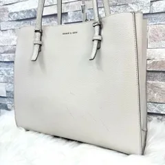 CHARLES&KEITH チャールズアンドキース ロゴレザーハンドバッグ シボ革トートバック 革鞄 ライトグレー
