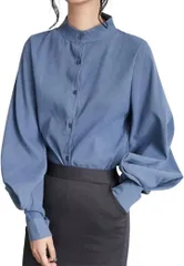 Four leaf 立ち襟 ブラウス レディース バルーン袖 長袖 シャツ トップス 無地 シンプル きれいめ 体型カバー オフィス カジュアル 通勤 フォーマル 大人 可愛い おしゃれ 着回し 洗える(ブルー,  XL)