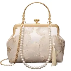 [Nomadra] 結婚式 ウェディング バッグ 袴 着物 クラッチバッグ レディース 卒業式 がま口 エレガント クラシック ハンドバッグ パール装飾付き 花柄刺繍 ゴールドチェーン アイボリー タッセル付き 