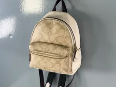★美品 COACH コーチ リュック ミニリュック 鞄 レディース PVC 本革 ホワイト×ベージュ シグネチャー キャンバス ブランド品 中古品