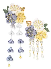 【在庫】浴衣 袴 着物 七五三 振袖 和装 つまみ細工 花 成人式 卒業式 結婚式 鈴付き 手作り 髪飾り2点セット 赤 黄 紫 ピンク [JZOON] グレー 白と青 6色