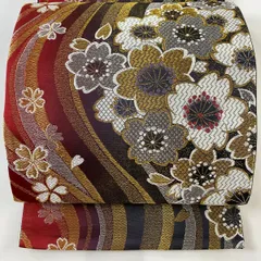 袋帯 美品 秀品 振袖向き 桜 流水 金銀糸 唐織 赤黒 六通 正絹 【中古】