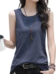 Dep Club タンクトップ レディース 綿 大きいサイズ 綿100 ノースリーブ インナー ノースリーブtシャツ スポーツ インナーシャツ コットン おしゃれ ロング ヨガウェア(グレーブルー,  XL)