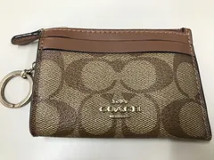 COACH コーチ 小銭入れ コーティングキャンバス スムースレザー シグネチャー IDケース コインケース キーリング付き ブラウン