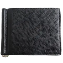 極美品●2020年購入 PRADA プラダ 2MN077 サフィアーノレザー ロゴ入り 二つ折り マネークリップ/カードケース ブラック 伊製 メンズ 箱付のサムネイル