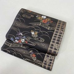 アンティーク 袋帯 黒地 水仙文様 刺繍 金陵 正絹 - メルカリ