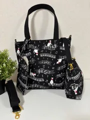 【裁縫ストア・ボヌール】ねこ柄　オックス 　ねこ協奏曲 ブラック　トートバッグ　ショルダーバッグ　ポーチ　メガネケース　ハンドメイド　ハンドバッグ　リバーシブル　大人かわいい　ゴージャス/No.500-337