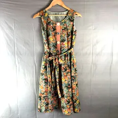 ロイスクレヨン Lois CRAYON  ワンピース ノースリーブ 花柄プリント フレアー ウエストリボン ボタンデザイン 裏地チュール オレンジ系 グリーン系 Mサイズ 964792