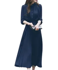Size:XL_Color:ネイビー [Elixio] [エリクシオ] レディース ワンピース プリーツスカート 長袖 秋服 秋 上品 プリーツ ロング丈 きれいめ シンプル 大きいサイズ 体型カバー オフィス フォーマル パーティー 秋冬 (XL, ネイビー
