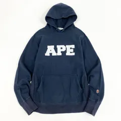 49f2 A BATHING APE アベイシングエイプ 90s 初期タグ プルオーバー フーディ パーカー ロゴプリント VINTAGE ヴィンテージ Lサイズ ネイビー コットン