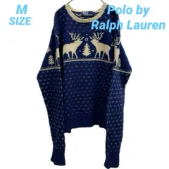 Polo by Ralph Lauren ポロバイラルフローレン オールド ビンテージ レトロ ハンドニット  クルーネックセーター セーター ネイビー×ベージュ メンズ 秋 ゴーゴー古着久喜倉庫店B9682