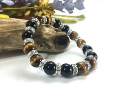 タイガーアイ&オニキス パワーストーン ブレスレット 天然石 10mm （シルバー）メンズ・レディース　男性・女性　数珠ブレス　開運 [17]