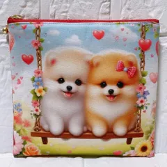 ポメラニアンパネル生地　ハンドメイド　フラットポーチ オーダー受付中 浴衣 花火 ポメラニアン パネル生地 トートバッグ