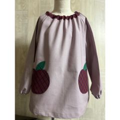 120サイズ りんごポケット タータンチェック 赤 長袖スモック 首パイピング 10番 くすみピンク