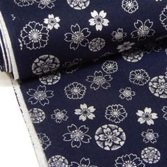 約110×32cm　花文様 細布 シーチング生地 モダン 古典 伝統柄 B1000-20B ネイビー/シルバー　生地 布地 布 ハンドメイド