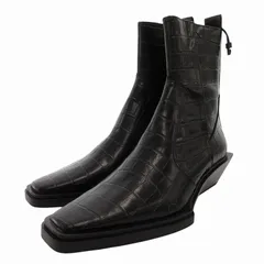 ザラ ZARA タグ付き ショートブーツ 型押し スクエアトゥ サイドジップ 黒 ブラック 24.6cm /FF