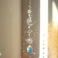 月と惑星モチーフ クリスタルサンキャッチャー（シャンパン） ガラスプリズム 虹色インテリア 吊り下げ装飾 室内・屋外兼用