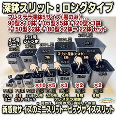 プレステラ深鉢スリットロングタイプ5サイズ＊90型×10鉢/105型×5鉢/120型×3鉢/150型×2鉢/180型×2鉢⇒合計22鉢セット＠多肉植物・塊根植物コーデックス・アガベ・サボテン・ハオルチア・アデニウム・パキポディウム・実生＠フラワーショップ江口