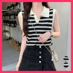 【スタッフおすすめ！】 サマーニットトップス ノースリーブ 夏服 韓国オルチャン夏服/ニットTシャツ春秋/薄手ニット大人女子 襟付き ボーダーニット 袖なしショート おすすめ おしゃれ　かわいい　人気 1AMY-004