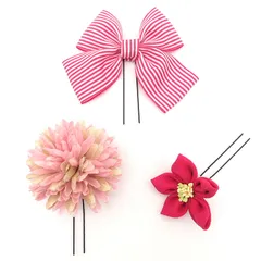 髪飾り リボン ３点セット ピンク 成人式 花 振袖 つまみ細工 袴 前撮り ちりめん 縞 ストライプ ボーダー 造花 かんざし 簪 和装 日本製 入学式 結婚式 入学式 入園式 卒園式 卒業式 七五三 ローズ W 28 323-290 u800　Si