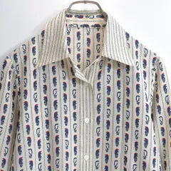 Vintage 日本製 ナイト 総柄デザイン ストライプ 長袖 ポリシャツ ブラウス アート 騎士 レトロ ジャパンヴィンテージ アイボリー ビンテージ 古着 レディースXS相当