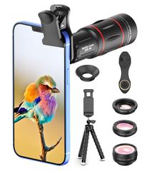 New Apexel 4-in-1 Smartphone Lens Set with Monocular, 18X Telephoto Lens, Fisheye Lens, Wide-Angle Lens, and Macro Lens, HD Lens, Flexible Tripod, Clip-on Lens for Smartphones, Perfect for Baseball Games, Live Music, Concerts, Sports Days, and Travel, iPhone and Android