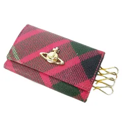 ヴィヴィアンウエストウッド Vivienne Westwood キーケース 4連 レザー 牛革 オーブプレート ポケット付き チェック ピンク /AH8 ■GY18